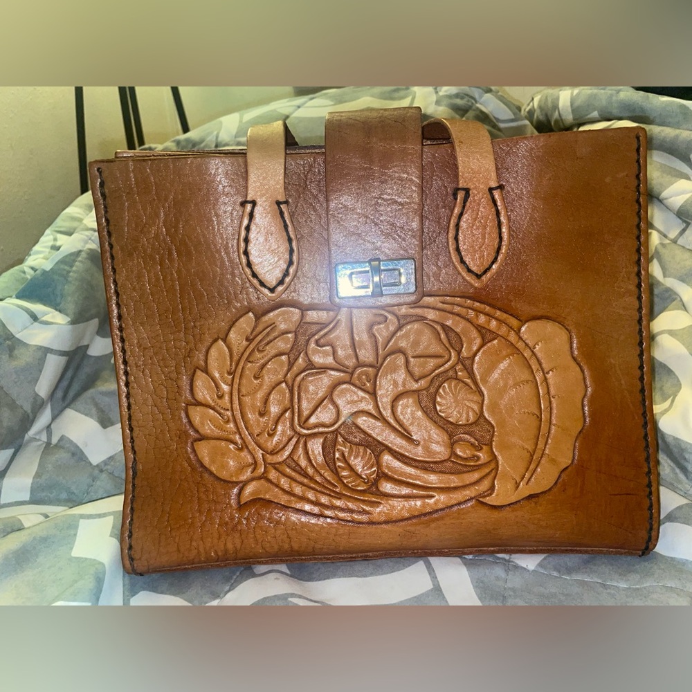 Brown Tooled Leather Floral Satchel